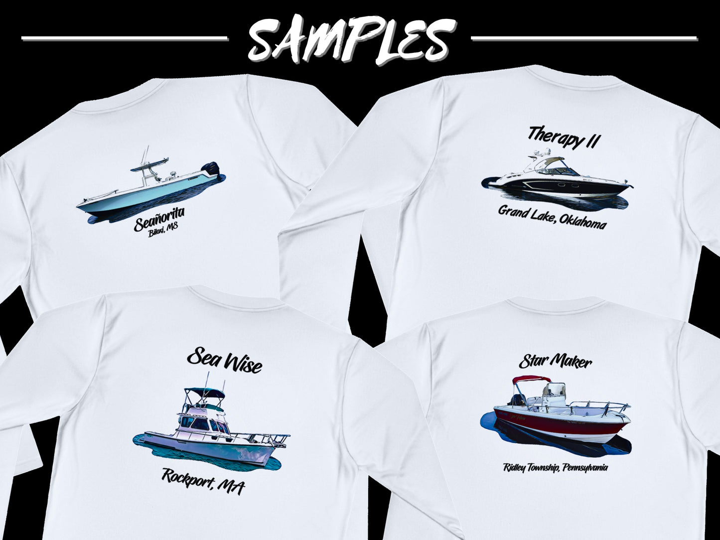 Custom Performance Boat Image Shirt - Personalized Design with your Name and Nautical Logo on Moisture Wicking, UV Protected Material