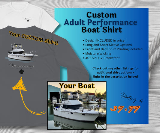 Custom Performance Boat Image Shirt - Personalized Design with your Name and Nautical Logo on Moisture Wicking, UV Protected Material