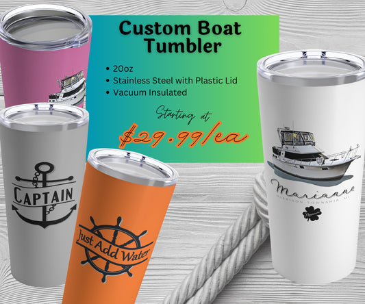 Stainless Steel Tumbler | Insulated Mug with Custom Boat Name Decal | Personalized Boat Accessories - Makes a great gift!